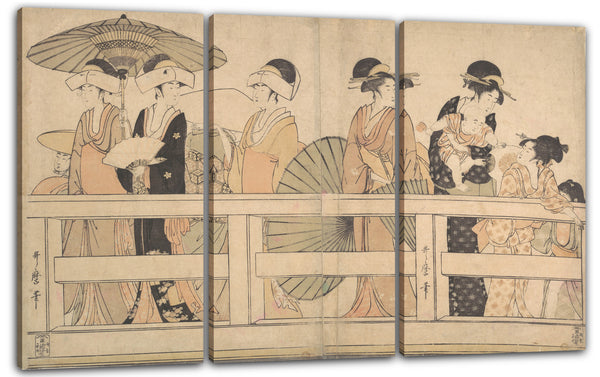 Leinwandbild Kitagawa Utamaro - Die kühle Abendbrise auf und unter der Brücke genießen