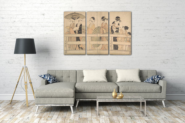 Leinwandbild Kitagawa Utamaro - Die kühle Abendbrise auf und unter der Brücke genießen