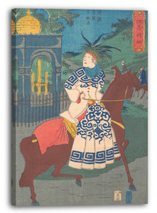 Leinwandbild Utagawa Hiroshige II - Amerikanische Frau reitet auf einen Damensattel auf der Straße in Hommoku, Motomura, Yokohama