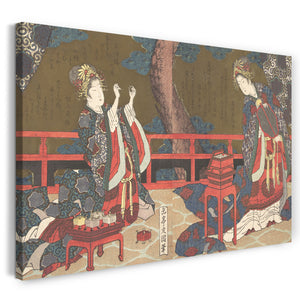 Leinwandbild Yashima Gakutei - Zwei Damen auf einer Veranda, eine mit Fächer, die andere eine Nadel einfädelnd
