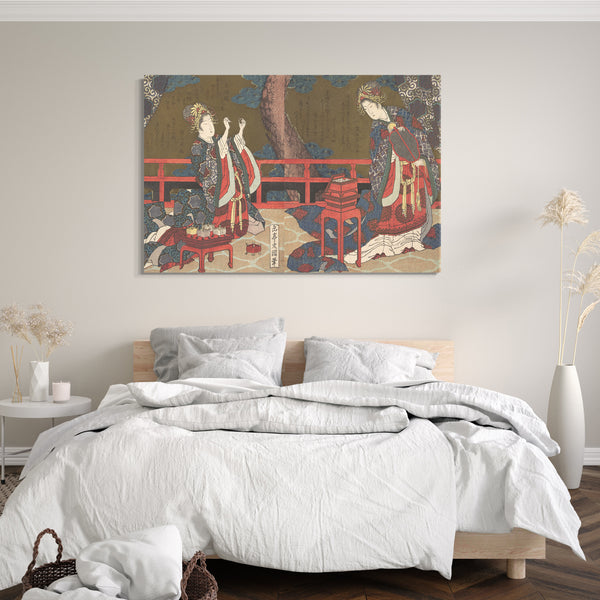 Leinwandbild Yashima Gakutei - Zwei Damen auf einer Veranda, eine mit Fächer, die andere eine Nadel einfädelnd