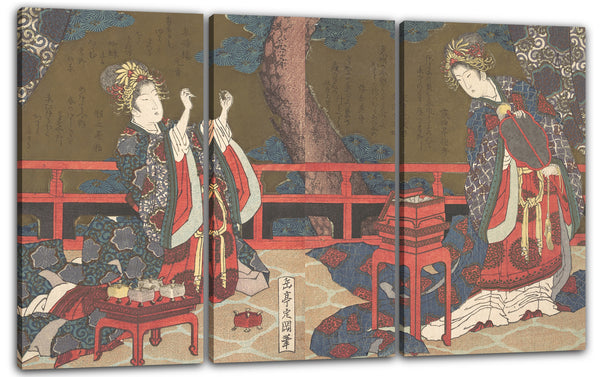Leinwandbild Yashima Gakutei - Zwei Damen auf einer Veranda, eine mit Fächer, die andere eine Nadel einfädelnd