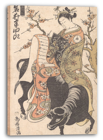 Leinwandbild Torii Kiyomitsu - Die Schauspielerin Iwai Hanshiro als Kurtisane. Einen Liebesbrief lesen, während sie auf einen schwarzen Ochse sitzt