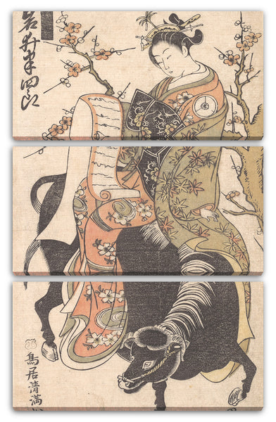 Leinwandbild Torii Kiyomitsu - Die Schauspielerin Iwai Hanshiro als Kurtisane. Einen Liebesbrief lesen, während sie auf einen schwarzen Ochse sitzt