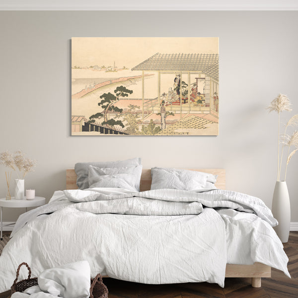 Leinwandbild Kitagawa Utamaro - Eine Feier mit Feiernden in einem Haus im Yoshiwara in einer Mondscheinnacht