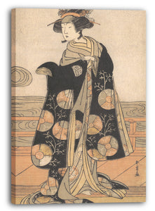 Leinwandbild Katsukawa Shunshō - Yoshizawa Iroha als eine Frau, die auf dem Engawa eines Hauses bei einem Fluss steht