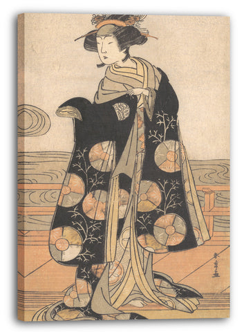 Leinwandbild Katsukawa Shunshō - Yoshizawa Iroha als eine Frau, die auf dem Engawa eines Hauses bei einem Fluss steht