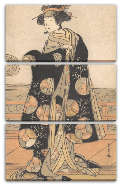Leinwandbild Katsukawa Shunshō - Yoshizawa Iroha als eine Frau, die auf dem Engawa eines Hauses bei einem Fluss steht