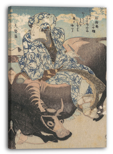 Leinwandbild Utagawa Kuniyoshi - Roshungi (chinesisch, Lu Zhunyi) als Frau mit einer Pfeife und auf einem Büffel reitend