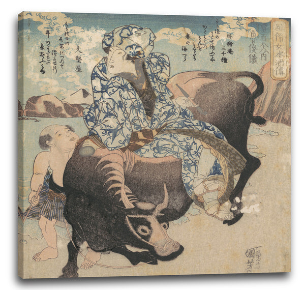Leinwandbild Utagawa Kuniyoshi - Roshungi (chinesisch, Lu Zhunyi) als Frau mit einer Pfeife und auf einem Büffel reitend