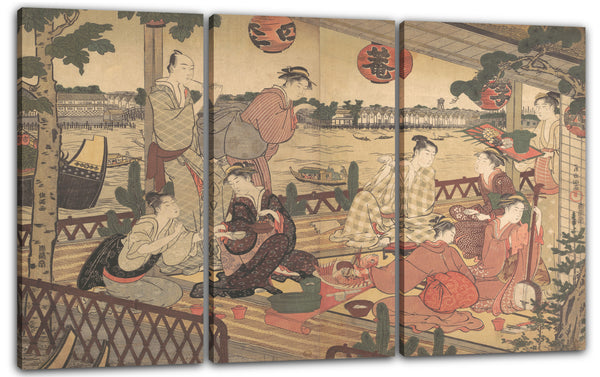Leinwandbild Kubo Shunman - Zwei junge Männer und mehrere Frauen, die an einem Teehaus auf der Bank des Sumida Flusses speisen