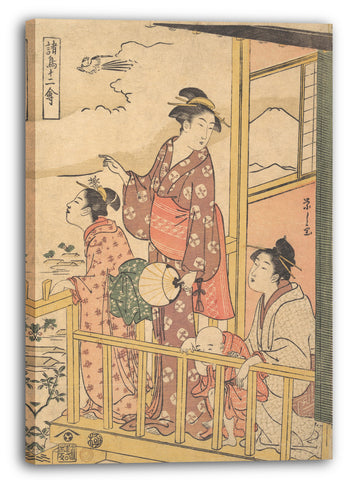 Leinwandbild Chōbunsai Eishi - Drei junge Frauen und ein kleiner Junge auf einem Balkon, den Flug eines Onakadori beobachtend