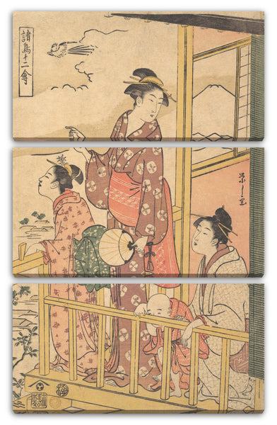 Leinwandbild Chōbunsai Eishi - Drei junge Frauen und ein kleiner Junge auf einem Balkon, den Flug eines Onakadori beobachtend