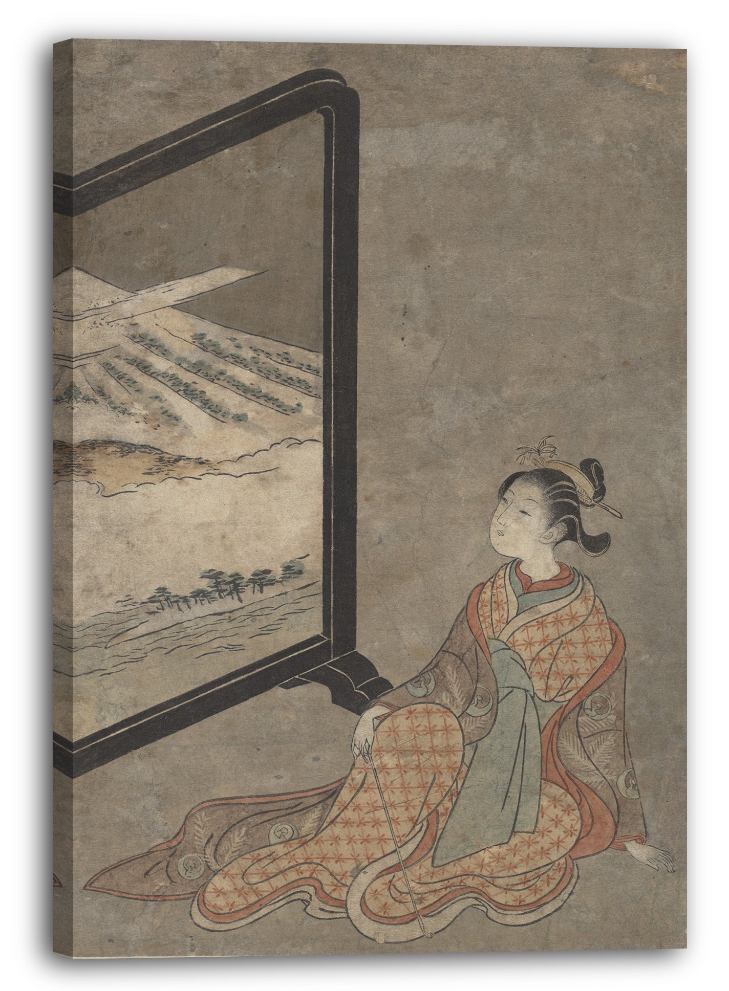 Leinwandbild Suzuki Harunobu - Junge Frau mit einer Pfeife in der Hand, die auf eine auf einer Tafel gemalten Landschaft starrt.