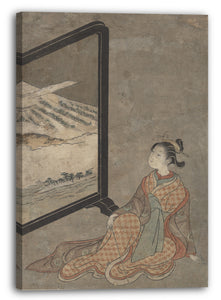 Leinwandbild Suzuki Harunobu - Junge Frau mit einer Pfeife in der Hand, die auf eine auf einer Tafel gemalten Landschaft starrt.