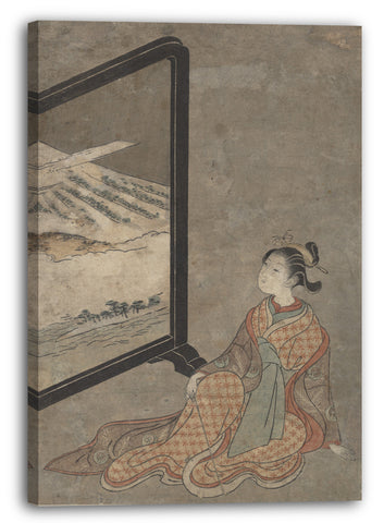 Leinwandbild Suzuki Harunobu - Junge Frau mit einer Pfeife in der Hand, die auf eine auf einer Tafel gemalten Landschaft starrt.