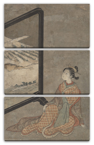 Leinwandbild Suzuki Harunobu - Junge Frau mit einer Pfeife in der Hand, die auf eine auf einer Tafel gemalten Landschaft starrt.
