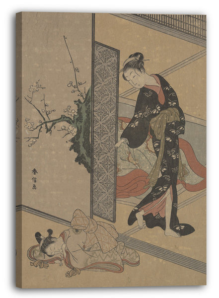 Leinwandbild Suzuki Harunobu - Junge Dame, die durch die Tür zu ihrem Kamuro (kleiner Diener) schaut, der auf dem Fußboden schläft