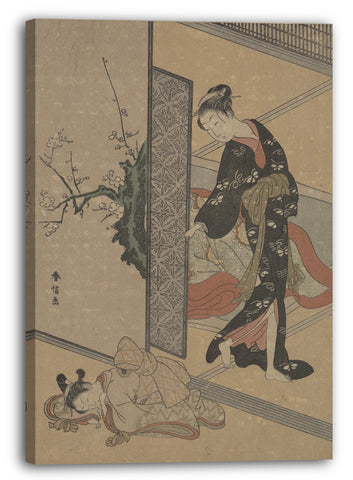 Leinwandbild Suzuki Harunobu - Junge Dame, die durch die Tür zu ihrem Kamuro (kleiner Diener) schaut, der auf dem Fußboden schläft
