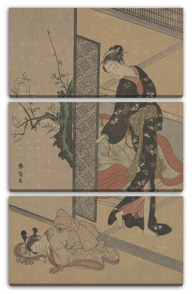 Leinwandbild Suzuki Harunobu - Junge Dame, die durch die Tür zu ihrem Kamuro (kleiner Diener) schaut, der auf dem Fußboden schläft