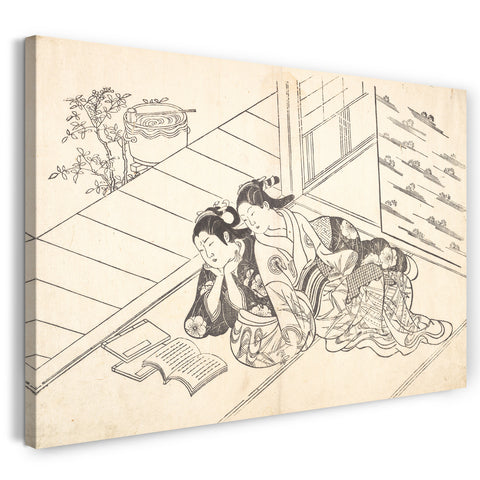 Leinwandbild Nishikawa Sukenobu - Zwei Frauen, die auf dem Boden eines Raumes liegen und ein Buch lesen