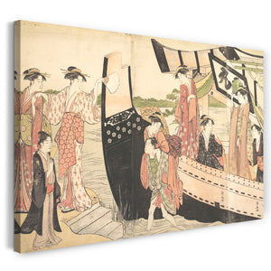 Leinwandbild Torii Kiyonaga - Frauen, die von einem Vergnügungsboot in Mukojima am Sumida-Fluss, Edo, anlegen