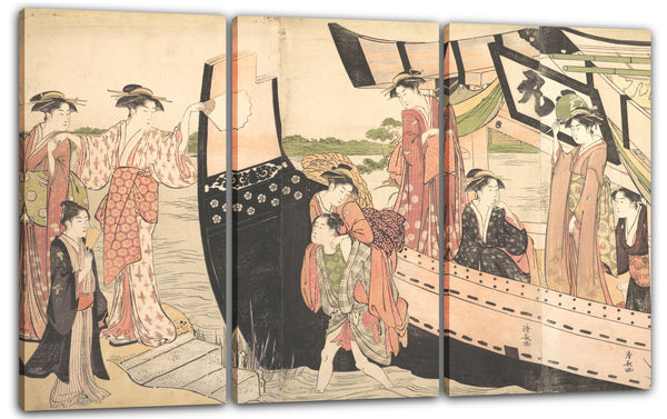 Leinwandbild Torii Kiyonaga - Frauen, die von einem Vergnügungsboot in Mukojima am Sumida-Fluss, Edo, anlegen