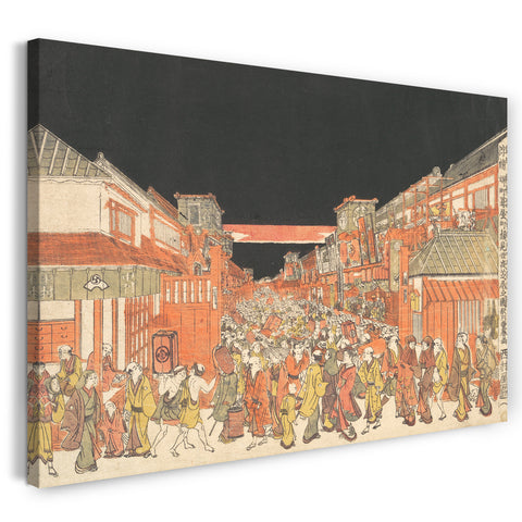 Leinwandbild Utagawa Toyoharu - Perspektiven-Bild (Uki-e): Theater-Bezirk an der Dämmerung am Eröffnungstag der Kabuki-Jahreszeit
