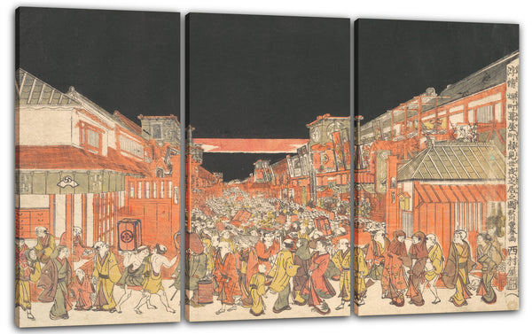 Leinwandbild Utagawa Toyoharu - Perspektiven-Bild (Uki-e): Theater-Bezirk an der Dämmerung am Eröffnungstag der Kabuki-Jahreszeit