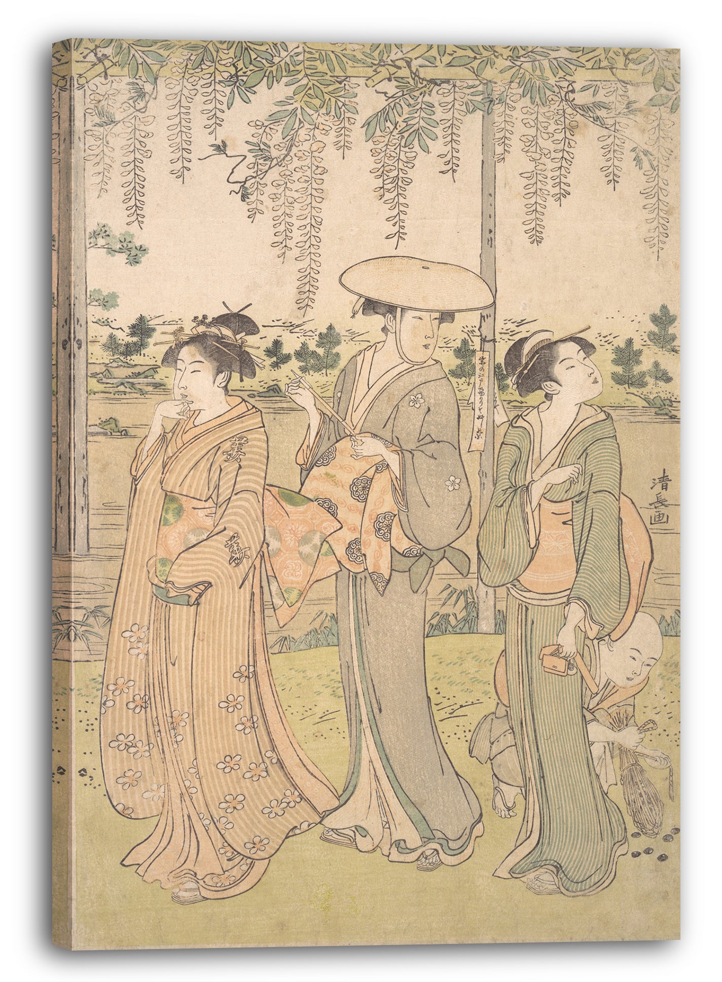 Leinwandbild Torii Kiyonaga - Drei Frauen und ein kleiner Junge unter einer Glyzinie-Laube am Strom-Ufer