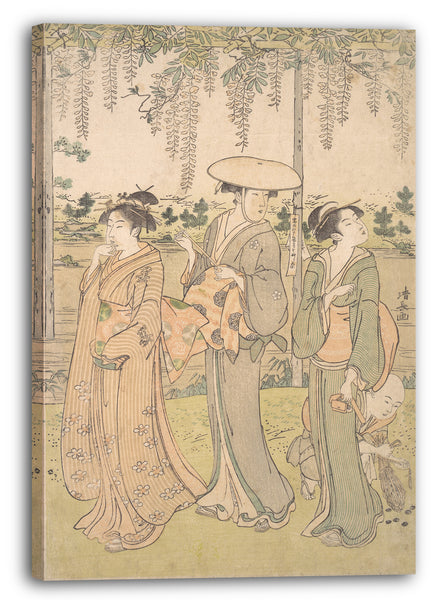 Leinwandbild Torii Kiyonaga - Drei Frauen und ein kleiner Junge unter einer Glyzinie-Laube am Strom-Ufer