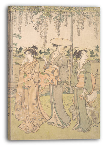 Leinwandbild Torii Kiyonaga - Drei Frauen und ein kleiner Junge unter einer Glyzinie-Laube am Strom-Ufer