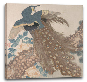 Leinwandbild Totoya Hokkei - Pfau auf Kiefer und Pfingstrosen, aus der Serie Drei Blätter (Mihira no uchi)