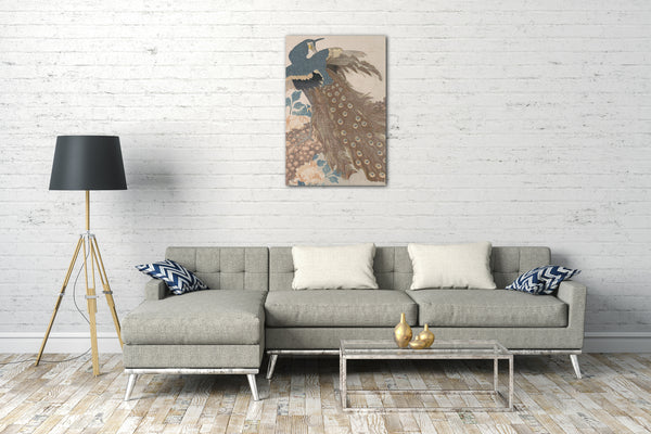 Leinwandbild Totoya Hokkei - Pfau auf Kiefer und Pfingstrosen, aus der Serie Drei Blätter (Mihira no uchi)