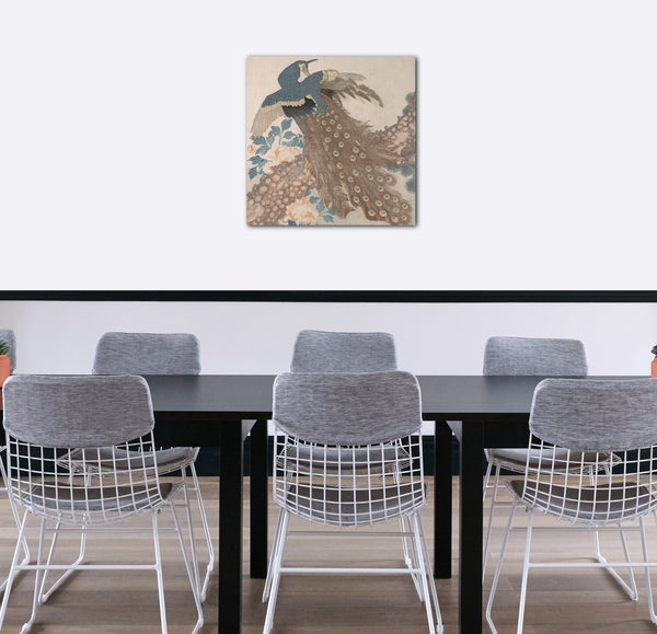 Leinwandbild Totoya Hokkei - Pfau auf Kiefer und Pfingstrosen, aus der Serie Drei Blätter (Mihira no uchi)