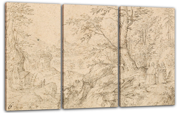 Leinwandbild Philip van den Bossche - Robuste bewaldete Fluss-Landschaft mit Reisenden auf einer Straße und einer Stadt jenseits