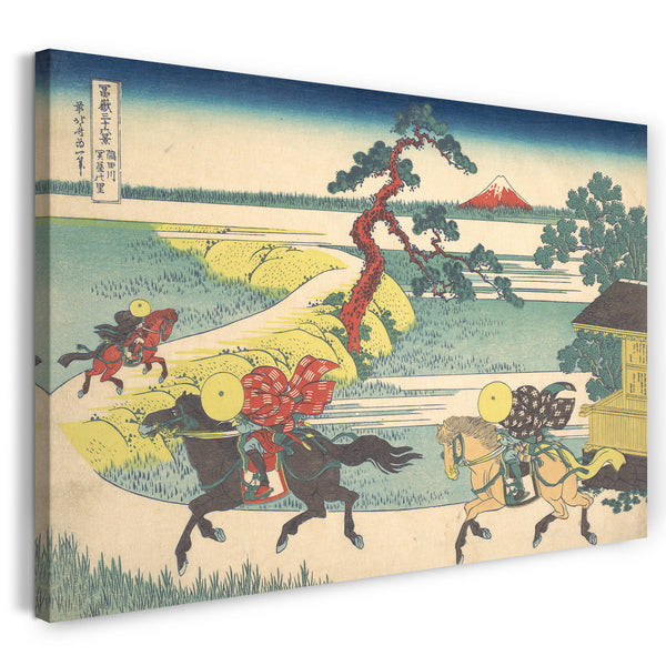 Leinwandbild Katsushika Hokusai - Sekiya Dorf am Sumida-Fluss (Sumidagawa Sekiya no Sato), aus der Serie Sechsunddreißig Ansichten des Berges Fuji (Fugaku sanjūrokkei)