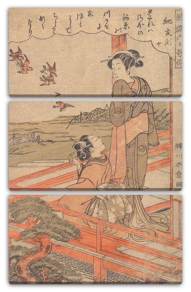 Leinwandbild Katsukawa Shunshō - "Zwei junge Frauen auf einer Veranda, die Regenpfeifer beobachten", aus der Serie Stilvolle sechs poetische Unsterbliche (Fūryū rokkasen: Ki no Tomonori, jū)