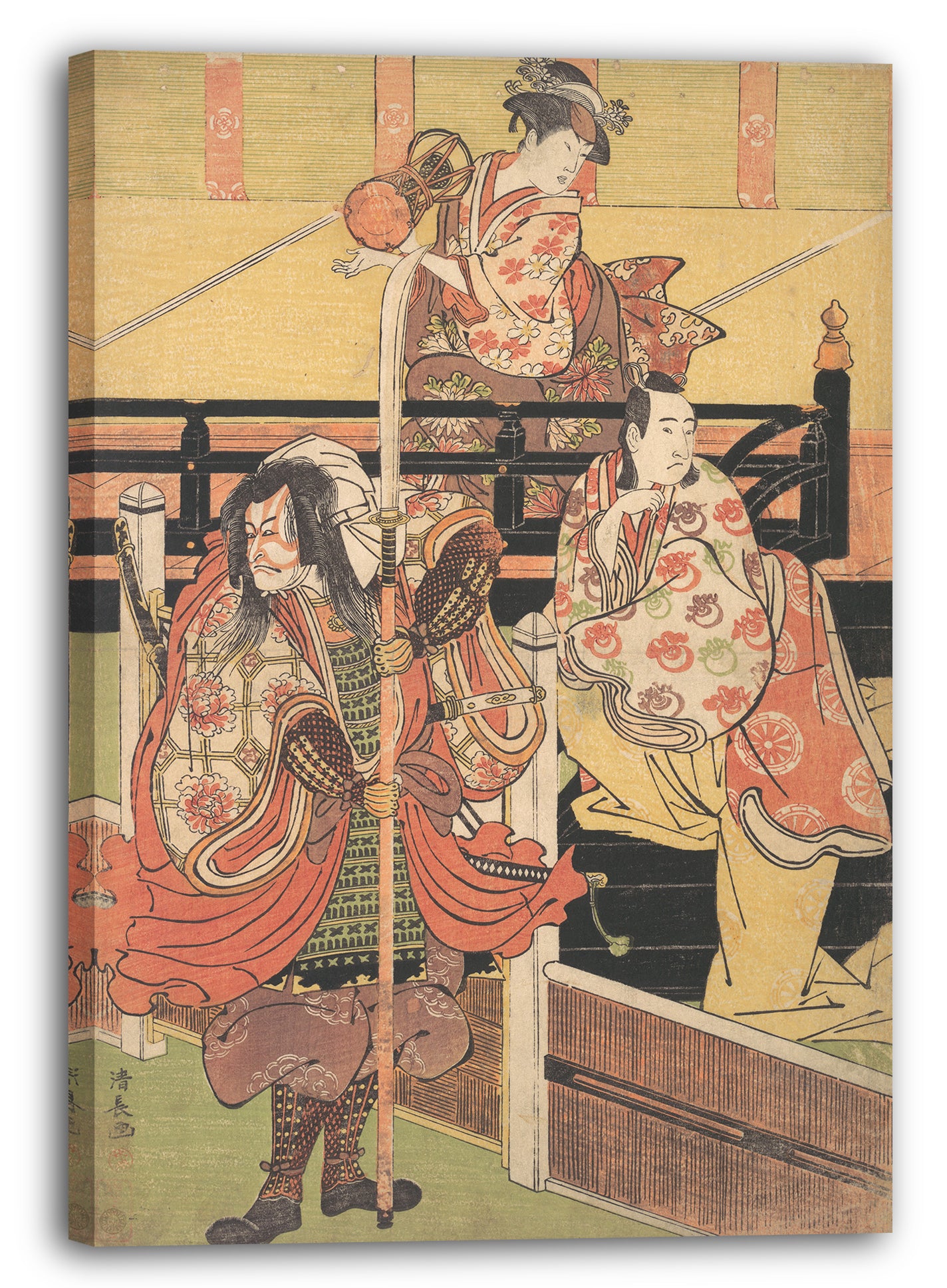 Leinwandbild Torii Kiyonaga - Auf einem Balkon sitzt eine Frau, die einen Tsuzumi spielt, unten sitzt ein Mann im Daimyo-Kostüm auf einer schwarzen Lackkiste