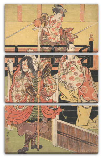 Leinwandbild Torii Kiyonaga - Auf einem Balkon sitzt eine Frau, die einen Tsuzumi spielt, unten sitzt ein Mann im Daimyo-Kostüm auf einer schwarzen Lackkiste