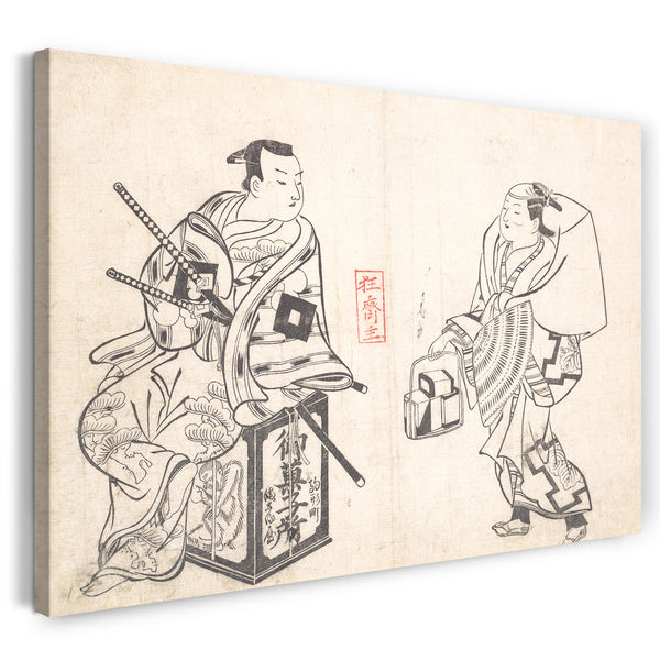 Leinwandbild Okumura Masanobu - Asao Jujiro als Kuchenverkäufer und Ikushima Shingoro als Bushi (Samurai) sitzen auf der Lackiererei des Hausierers, die seine Waren enthält