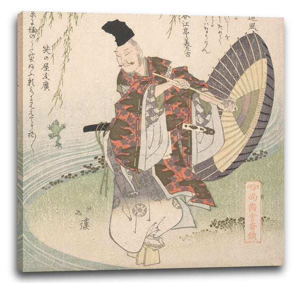 Leinwandbild Totoya Hokkei - Ono no Tofu stehend auf der Bank eines Stromes und beobachtet einen springenden Frosch, der einen Weide-Zweig fangen will
