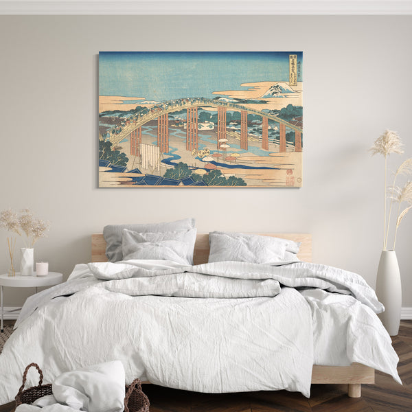 Leinwandbild Katsushika Hokusai - Die Yahagi-Brücke in Okazaki am Tōkaidō (Tōkaidō Okazaki Yahagi no hashi), aus der Serie Bemerkenswerte Ansichten von Brücken in verschiedenen Provinzen (Shokoku meikyō kiran)