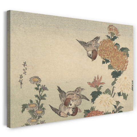 Leinwandbild Katsushika Hokusai - Spatzen und Chrysanthemen