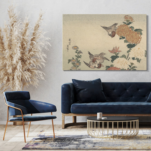 Leinwandbild Katsushika Hokusai - Spatzen und Chrysanthemen