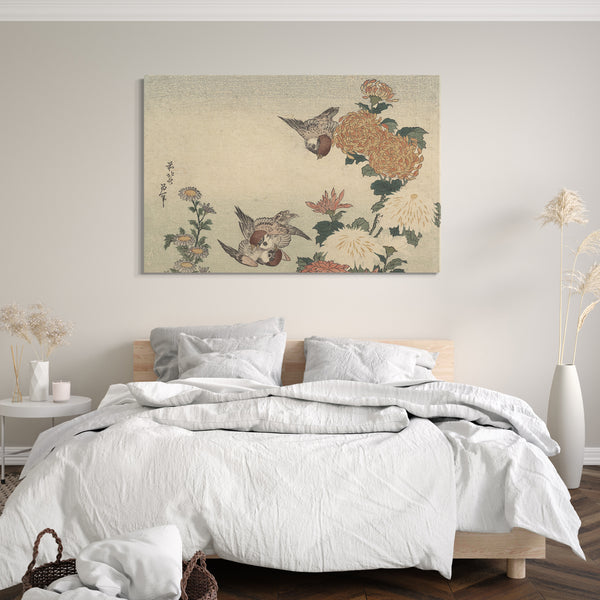 Leinwandbild Katsushika Hokusai - Spatzen und Chrysanthemen