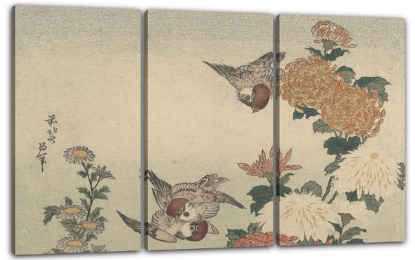 Leinwandbild Katsushika Hokusai - Spatzen und Chrysanthemen