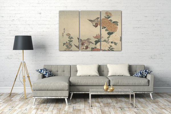 Leinwandbild Katsushika Hokusai - Spatzen und Chrysanthemen