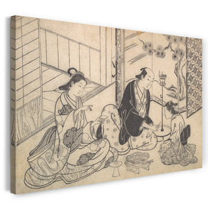Leinwandbild Hasegawa Mitsunobu - Interieur, drei Figuren: Sake Party