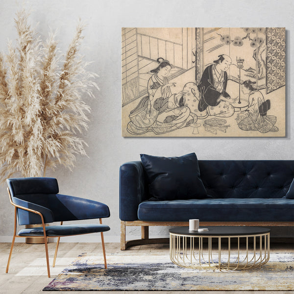 Leinwandbild Hasegawa Mitsunobu - Interieur, drei Figuren: Sake Party